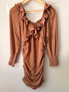 Ruffle Front Long Sleeve Dress in Copper Brown